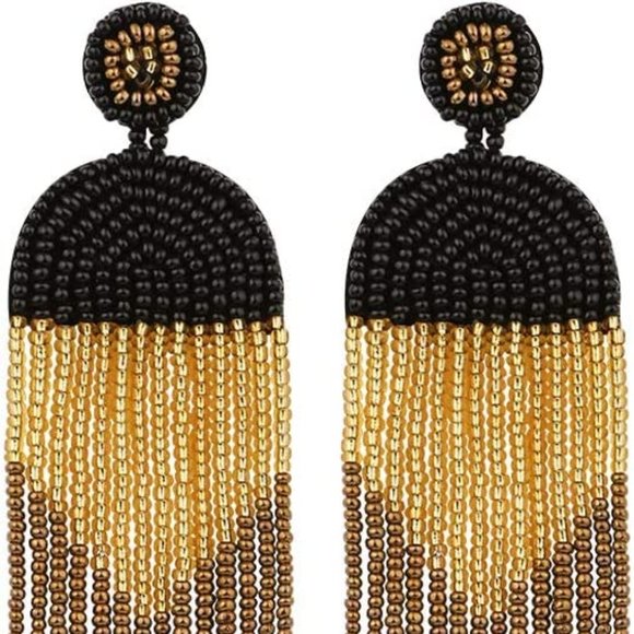 Long 4.5" Modern Art Deco Oversized Post Earrings Black Tan Gold New Tassel Boho - Picture 3 of 9